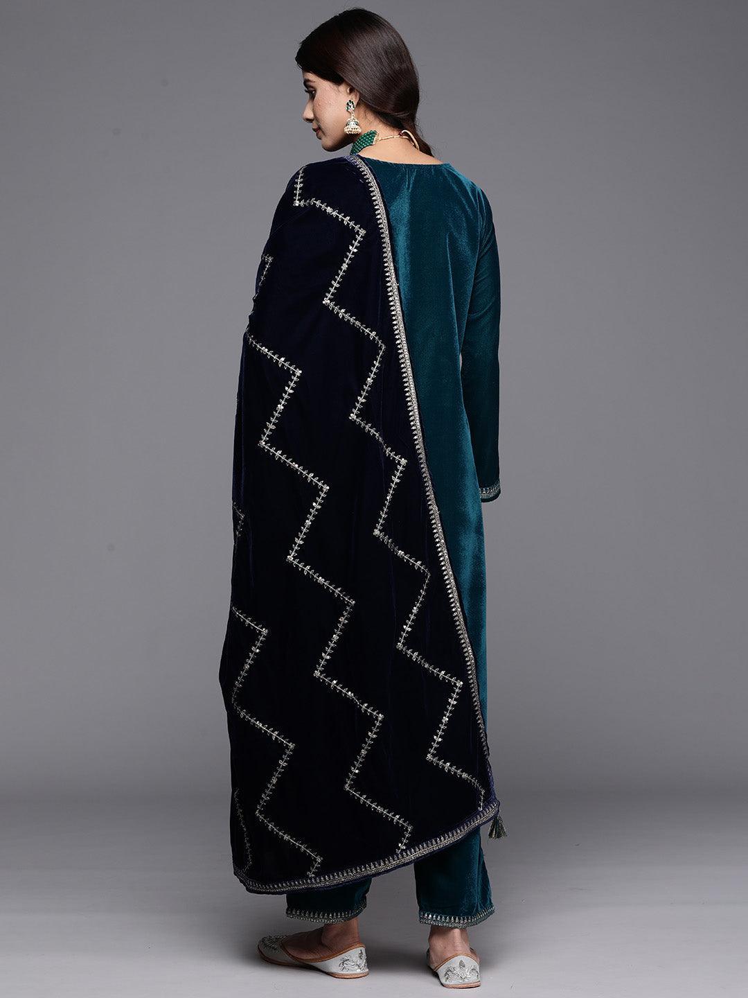 Teal Green Yoke Design Velvet Straight Kurta With Trousers & Dupatta - ShopLibas 