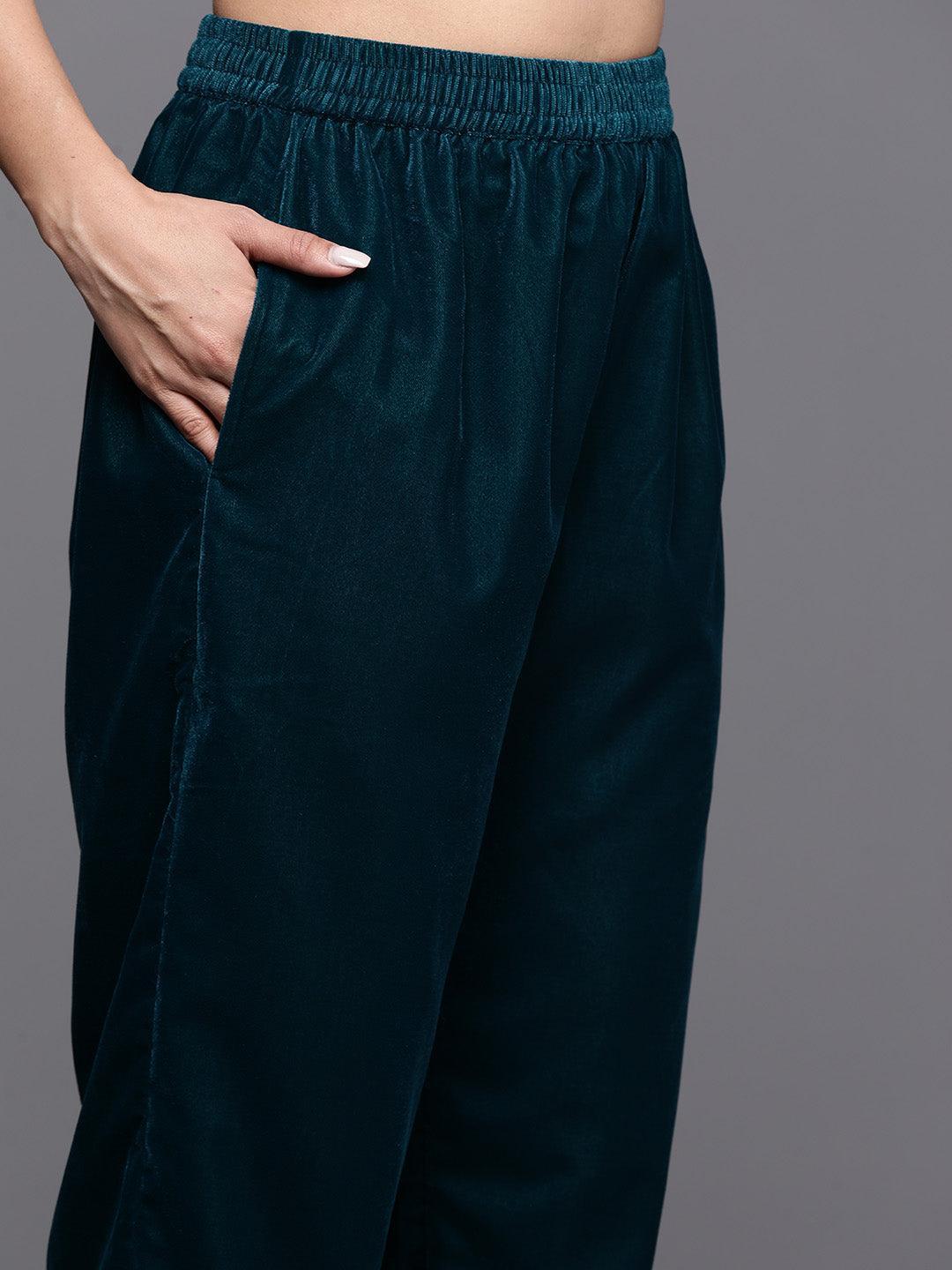 Teal Green Yoke Design Velvet Straight Kurta With Trousers & Dupatta - ShopLibas 