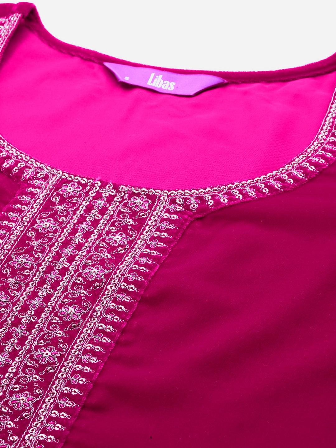 Hot Pink Yoke Design Velvet Straight Kurta With Palazzos & Dupatta - ShopLibas 