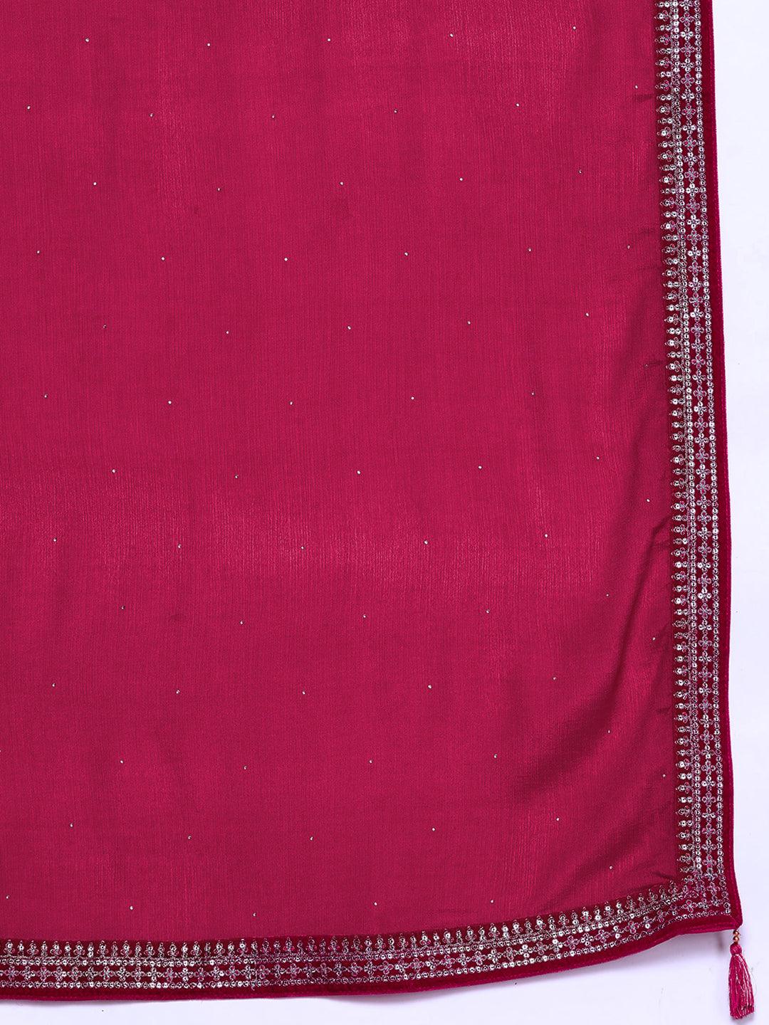Hot Pink Yoke Design Velvet Straight Kurta With Palazzos & Dupatta - ShopLibas 