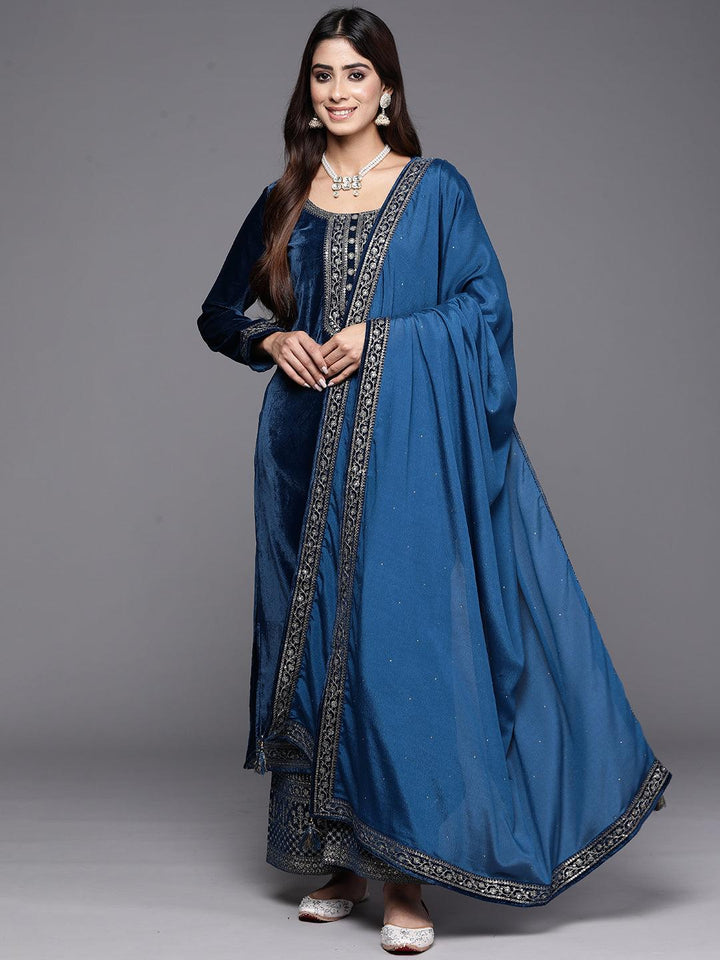 Teal Yoke Design Velvet Straight Suit With Dupatta