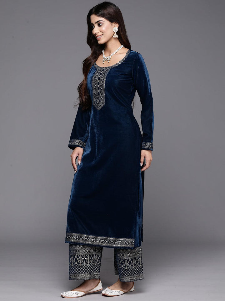 Teal Yoke Design Velvet Straight Suit With Dupatta