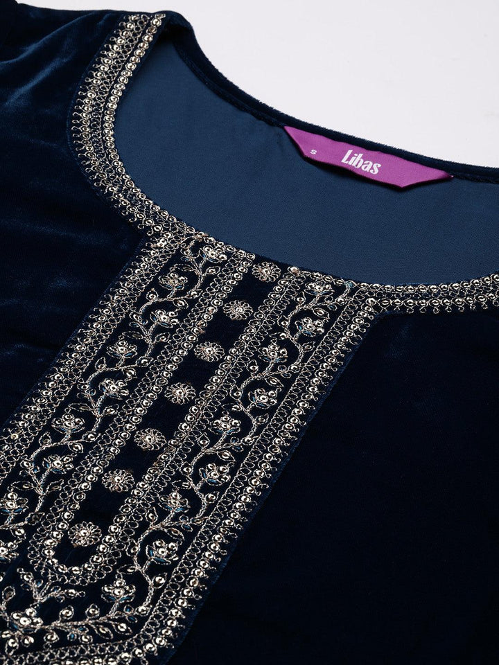 Teal Yoke Design Velvet Straight Suit With Dupatta