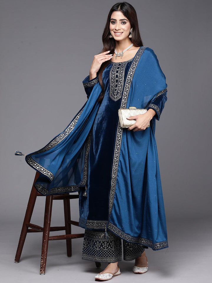 Teal Yoke Design Velvet Straight Suit With Dupatta