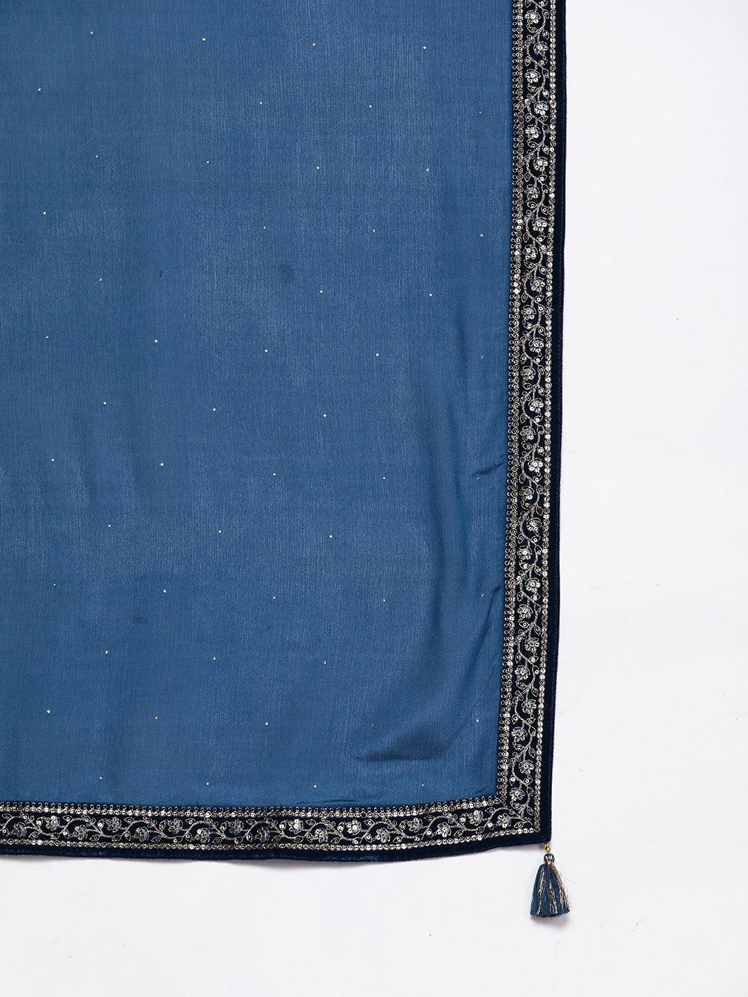Teal Blue Yoke Design Velvet Straight Kurta With Palazzos & Dupatta - ShopLibas 