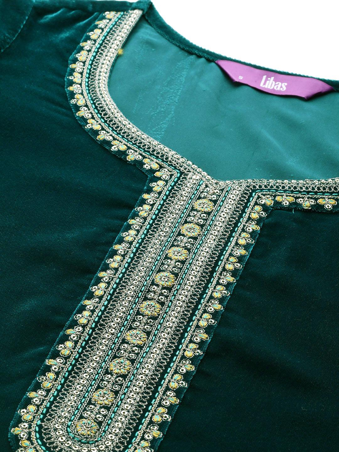 Rama Green Yoke Design Velvet Straight Kurta With Trousers & Dupatta - ShopLibas 