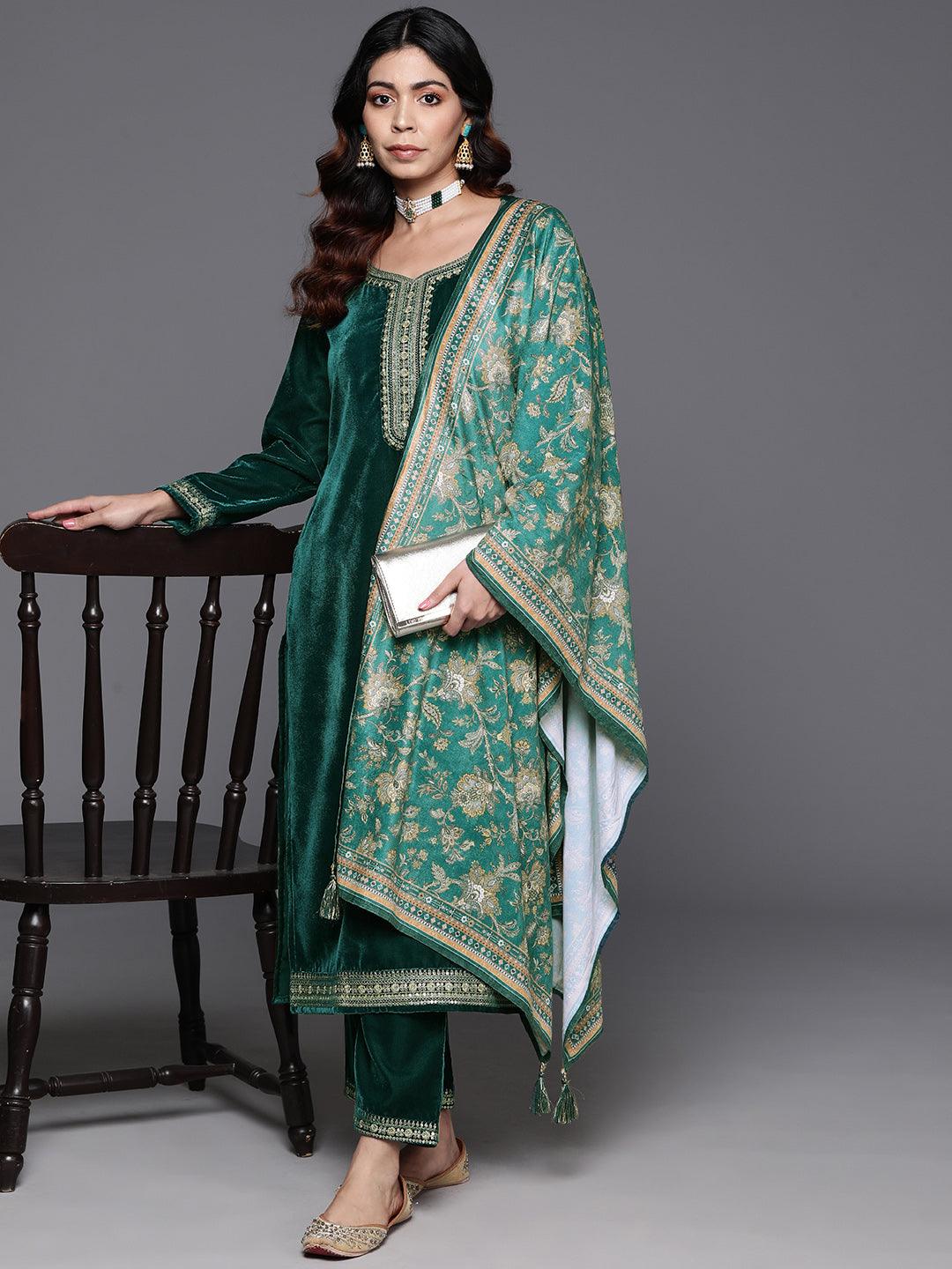 Rama Green Yoke Design Velvet Straight Kurta With Trousers & Dupatta - ShopLibas 