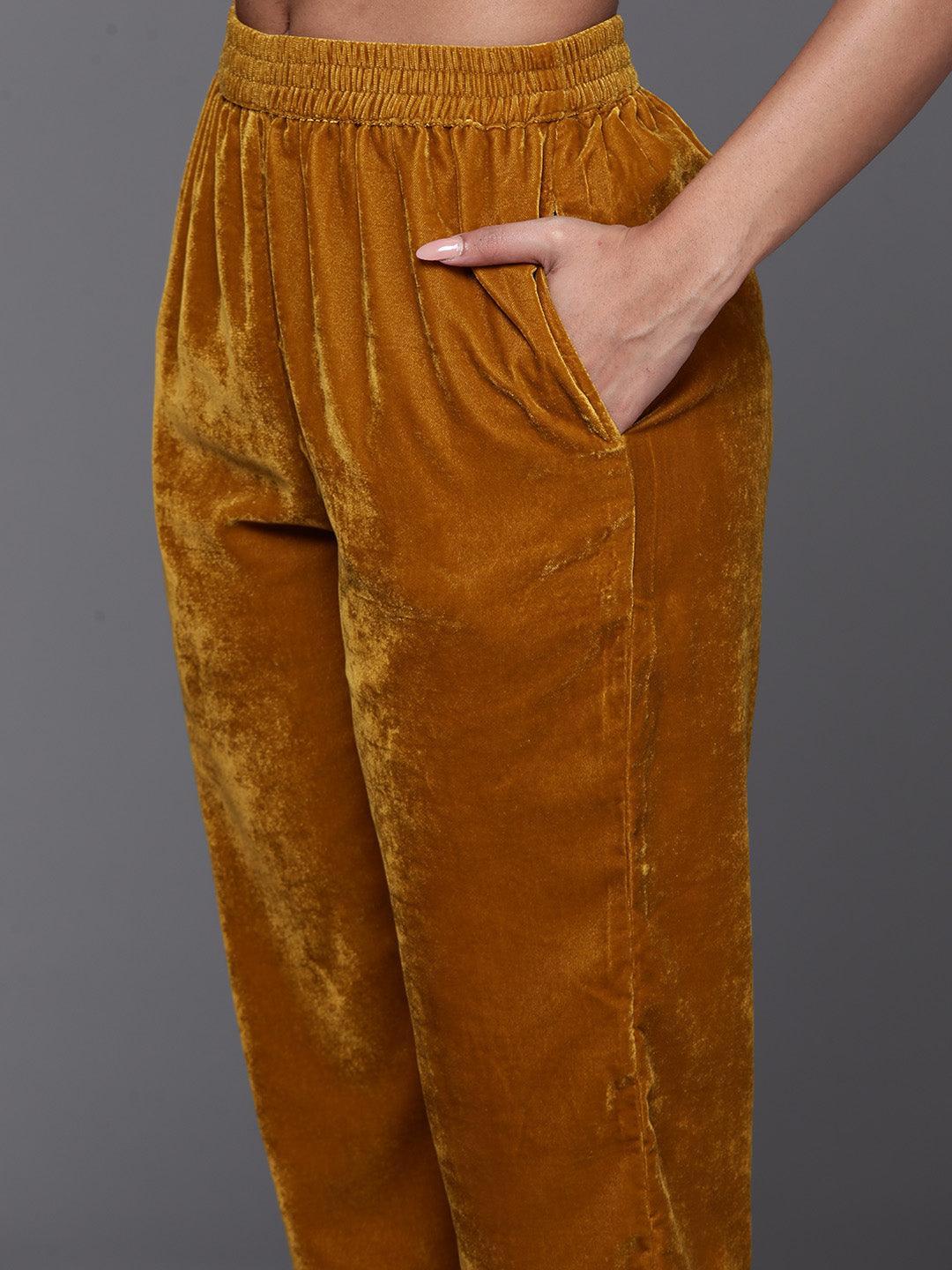 Mustard Yoke Design Velvet Straight Kurta With Trousers & Dupatta - ShopLibas 