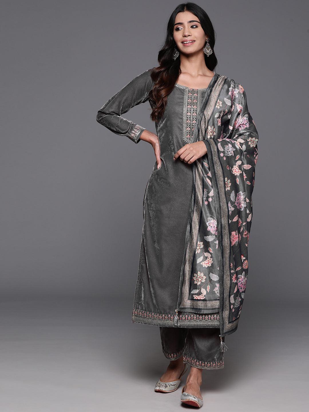 Grey Yoke Design Velvet Straight Kurta With Trousers & Dupatta - ShopLibas 