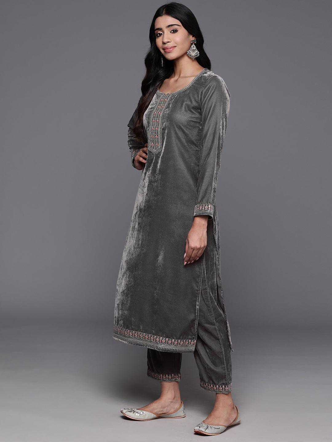 Grey Yoke Design Velvet Straight Kurta With Trousers & Dupatta - ShopLibas 