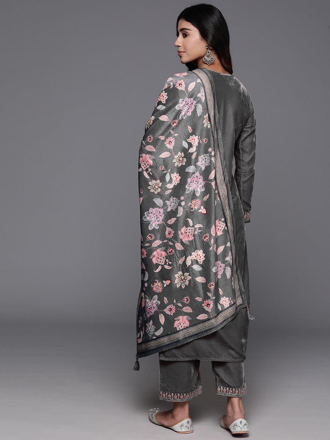 Grey Yoke Design Velvet Straight Kurta With Trousers & Dupatta - ShopLibas 