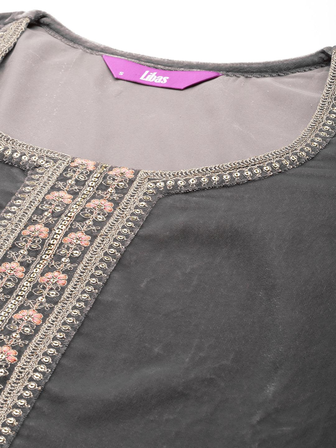 Grey Yoke Design Velvet Straight Kurta With Trousers & Dupatta - ShopLibas 