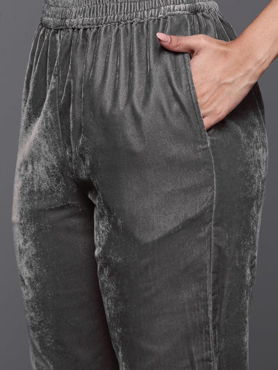 Grey Yoke Design Velvet Straight Kurta With Trousers & Dupatta - ShopLibas