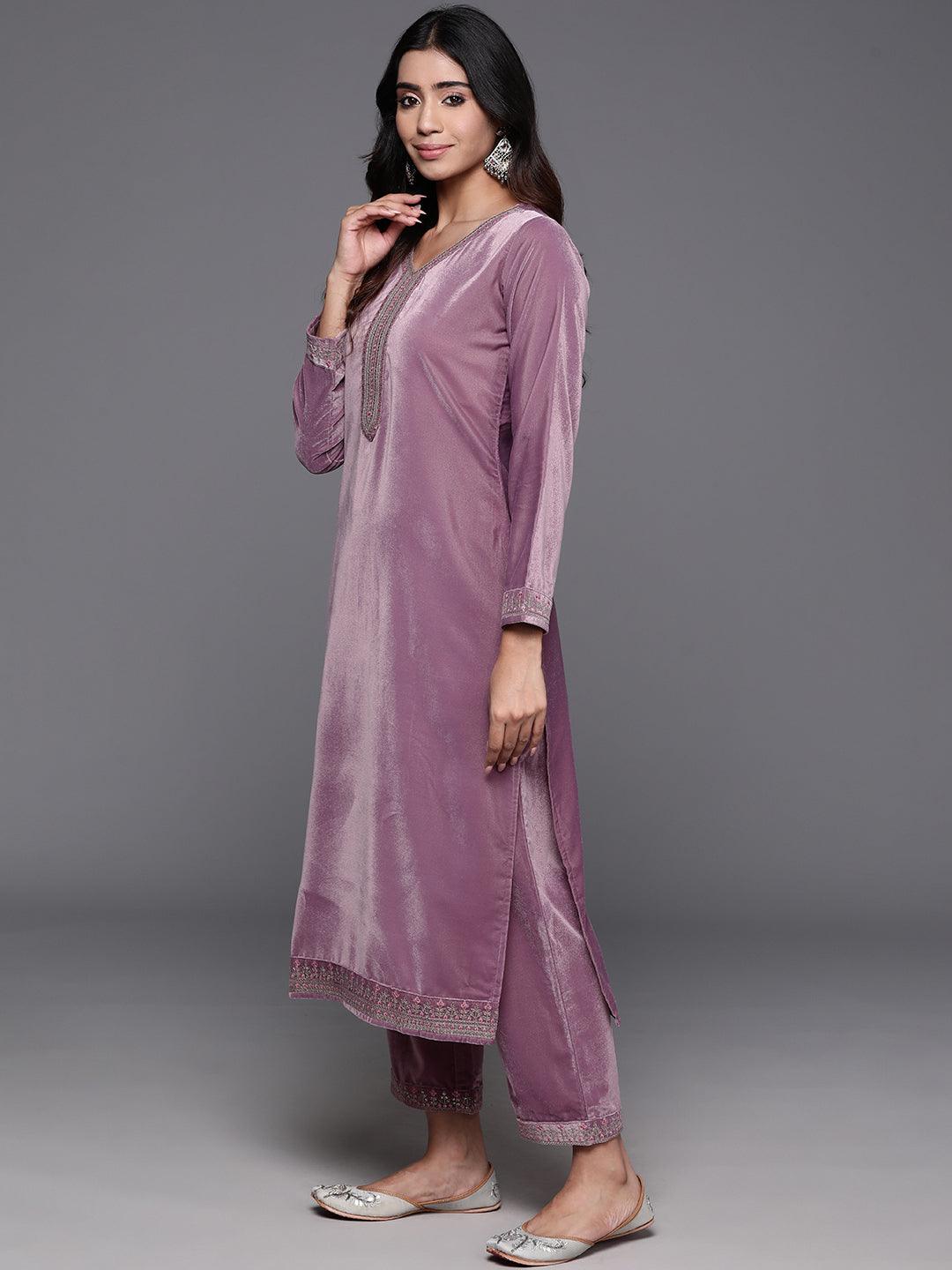 Mauve Yoke Design Velvet Straight Kurta With Trousers & Dupatta - ShopLibas 