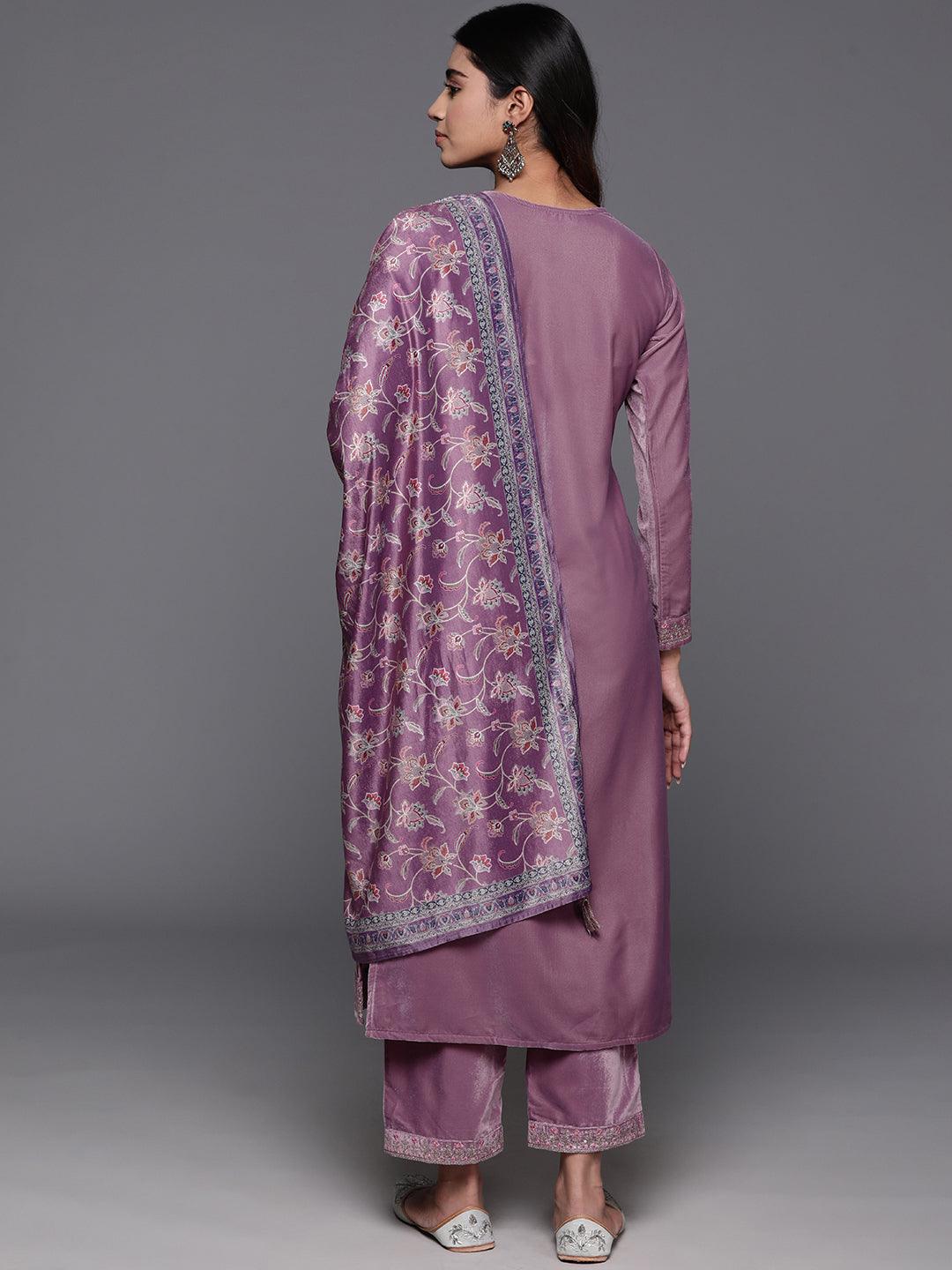 Mauve Yoke Design Velvet Straight Kurta With Trousers & Dupatta - ShopLibas 