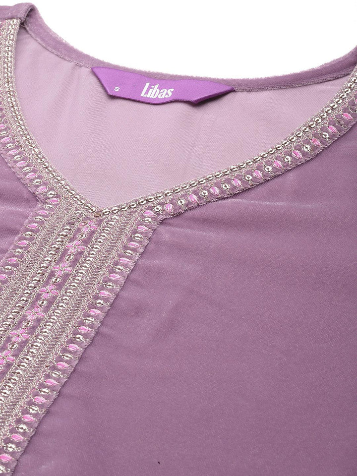 Mauve Yoke Design Velvet Straight Suit With Dupatta