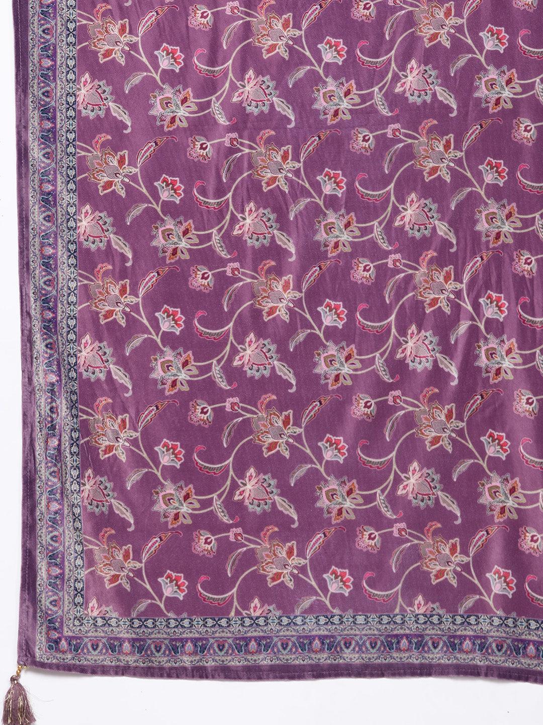 Mauve Yoke Design Velvet Straight Kurta With Trousers & Dupatta - ShopLibas 