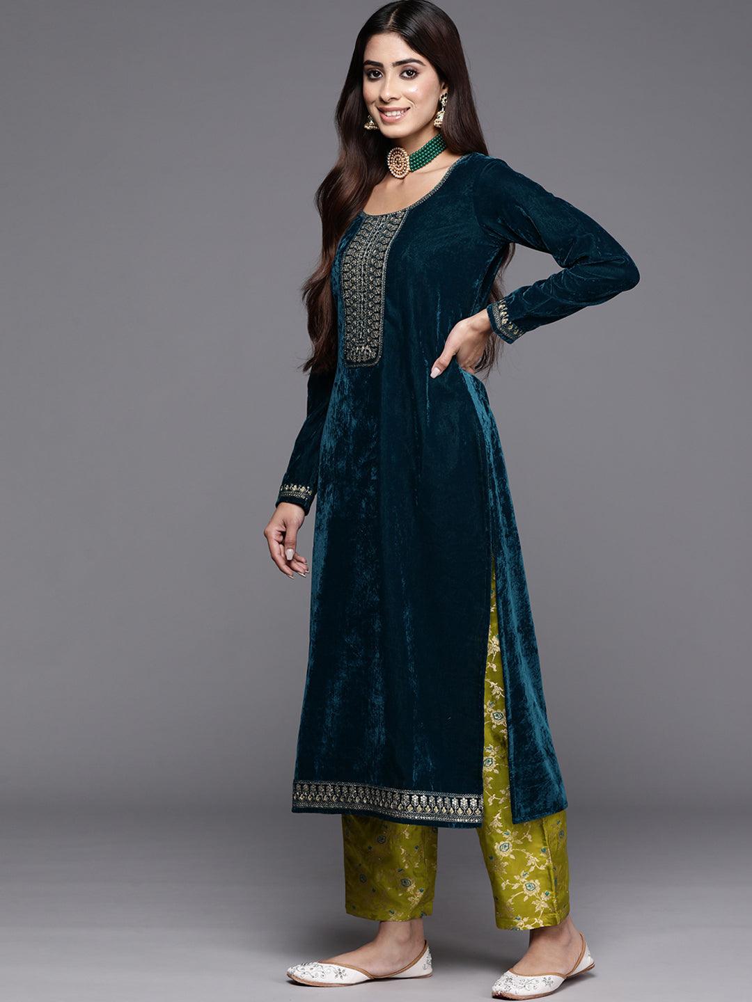 Rama Green Yoke Design Velvet Straight Kurta With Trousers & Dupatta - ShopLibas