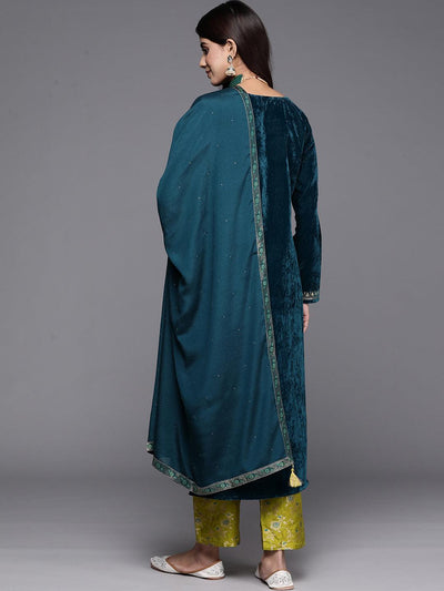 Rama Green Yoke Design Velvet Straight Kurta With Trousers & Dupatta - ShopLibas
