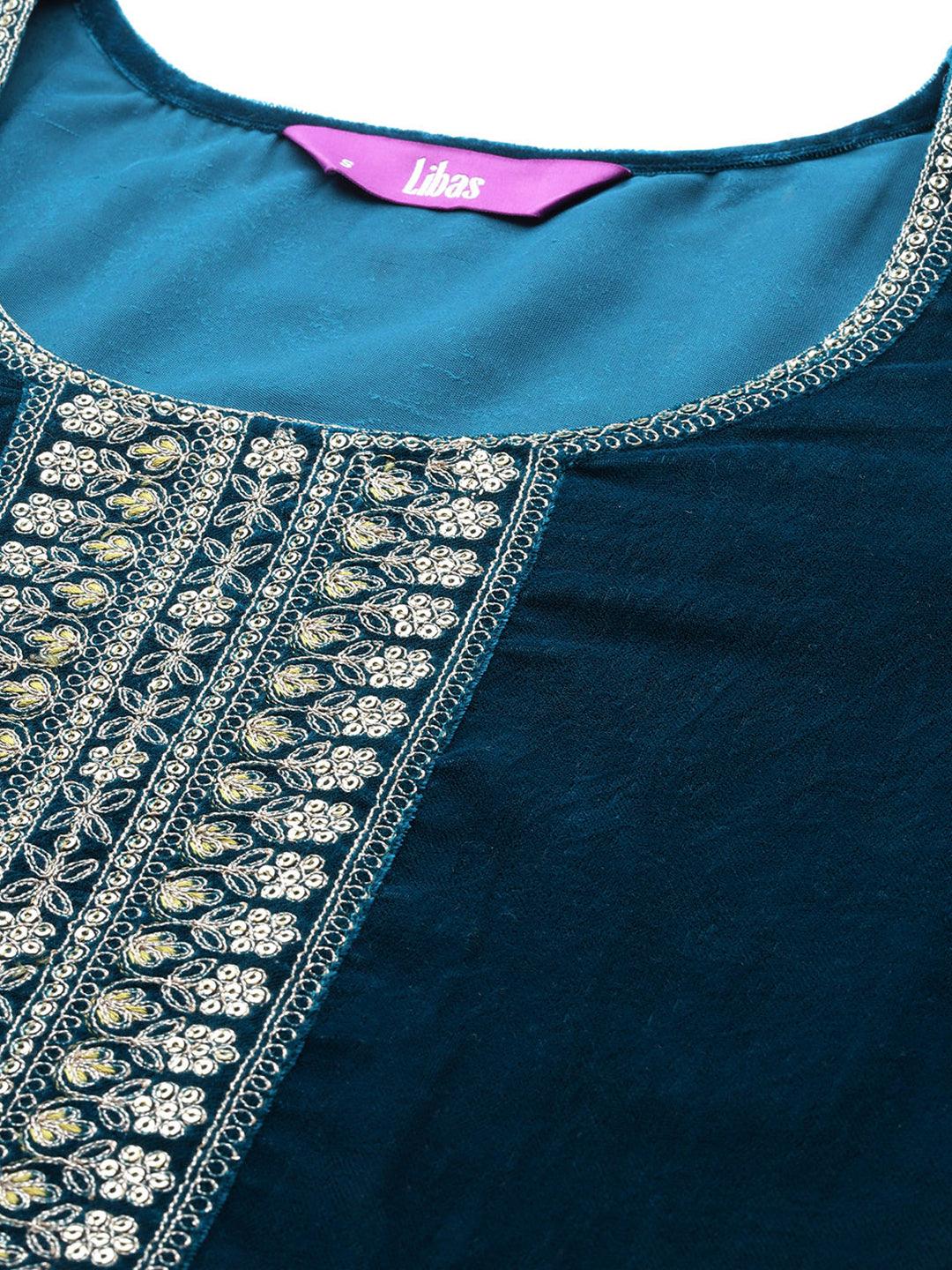 Rama Green Yoke Design Velvet Straight Kurta With Trousers & Dupatta - ShopLibas