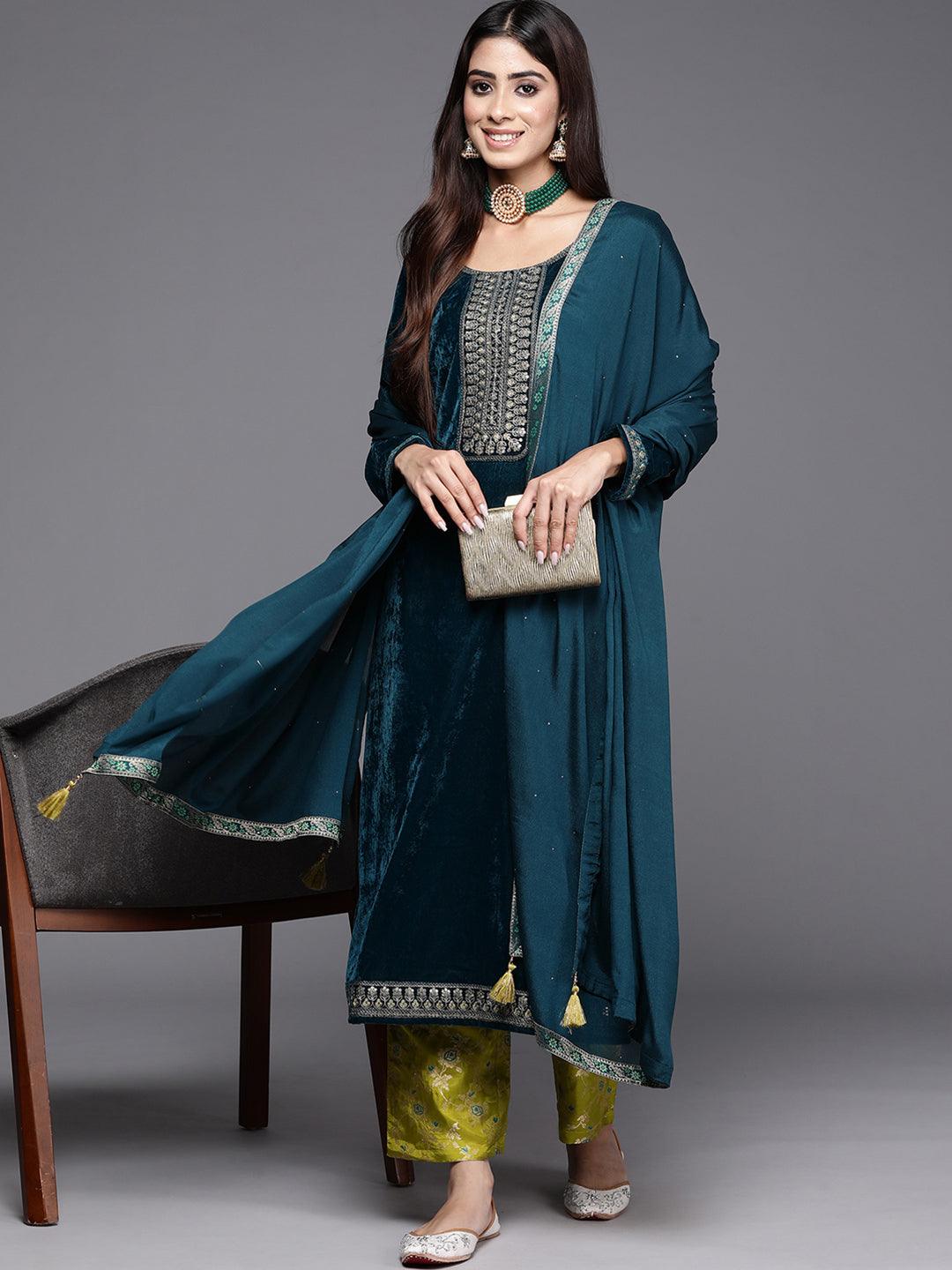 Rama Green Yoke Design Velvet Straight Kurta With Trousers & Dupatta - ShopLibas