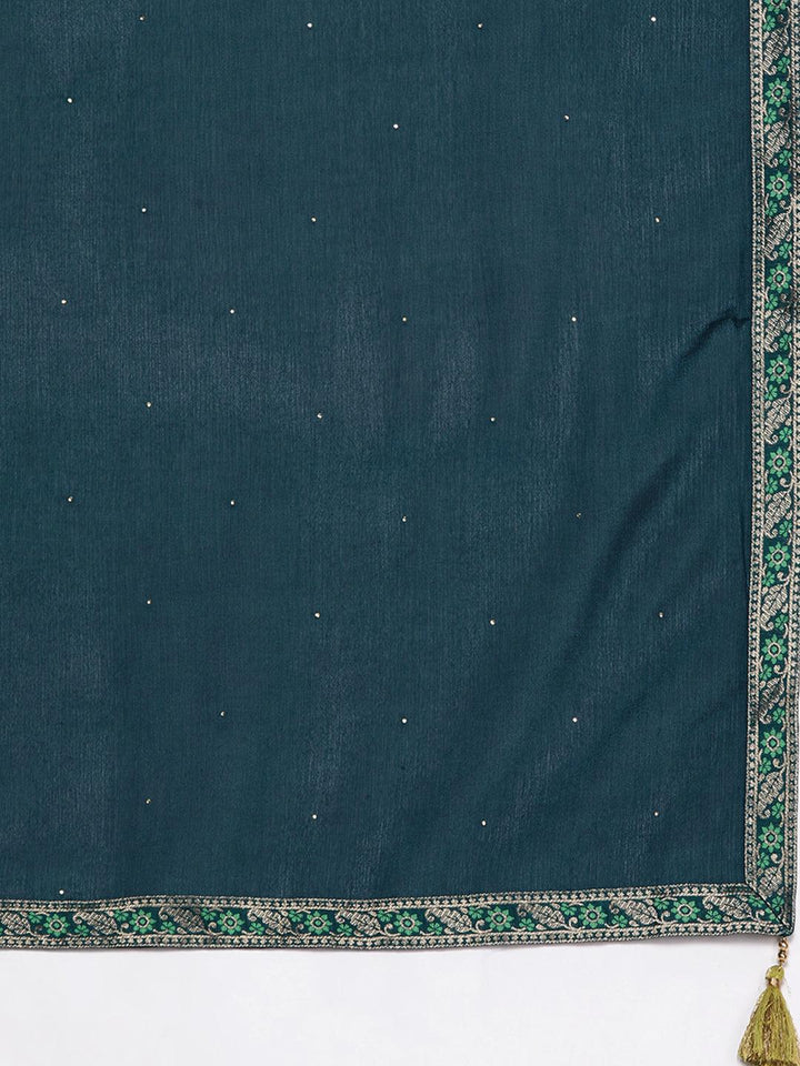Rama Green Yoke Design Velvet Straight Kurta With Trousers & Dupatta - ShopLibas