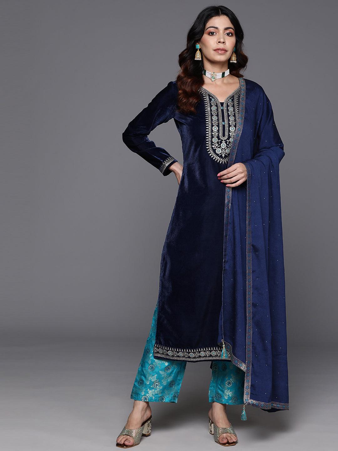 Navy Yoke Design Velvet Straight Kurta With Trousers & Dupatta - ShopLibas 