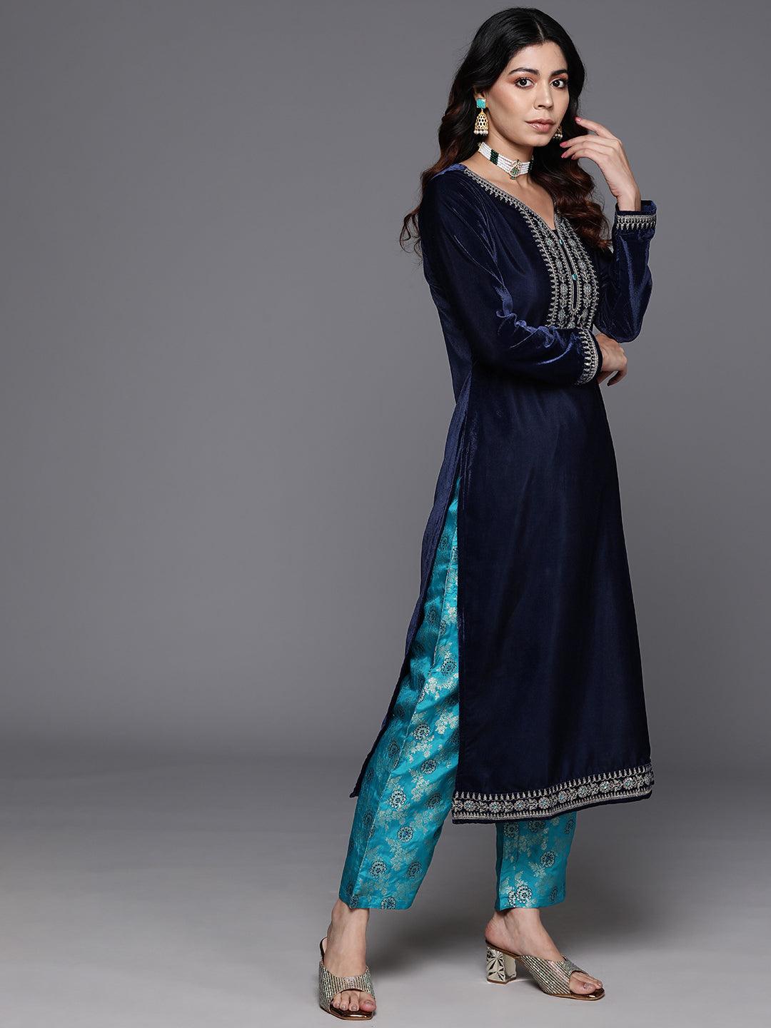 Navy Yoke Design Velvet Straight Kurta With Trousers & Dupatta - ShopLibas 