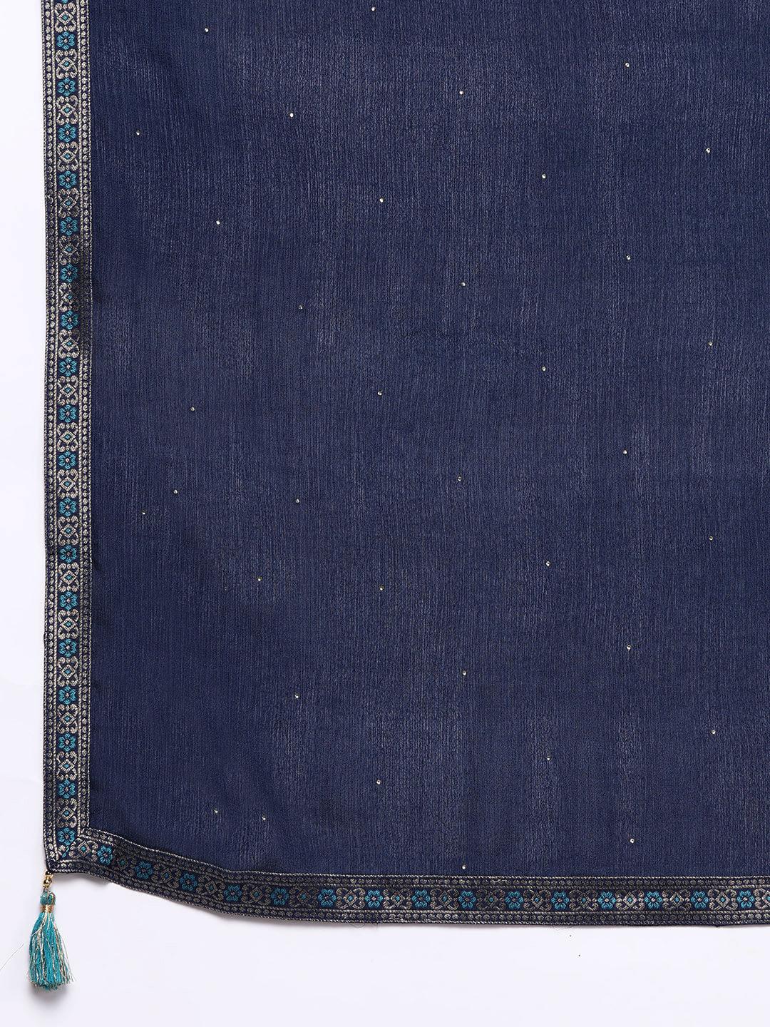 Navy Yoke Design Velvet Straight Kurta With Trousers & Dupatta - ShopLibas 