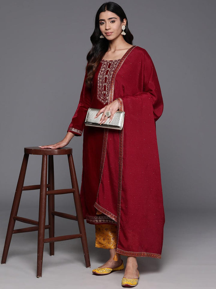Maroon Yoke Design Velvet Straight Kurta With Trousers & Dupatta - ShopLibas