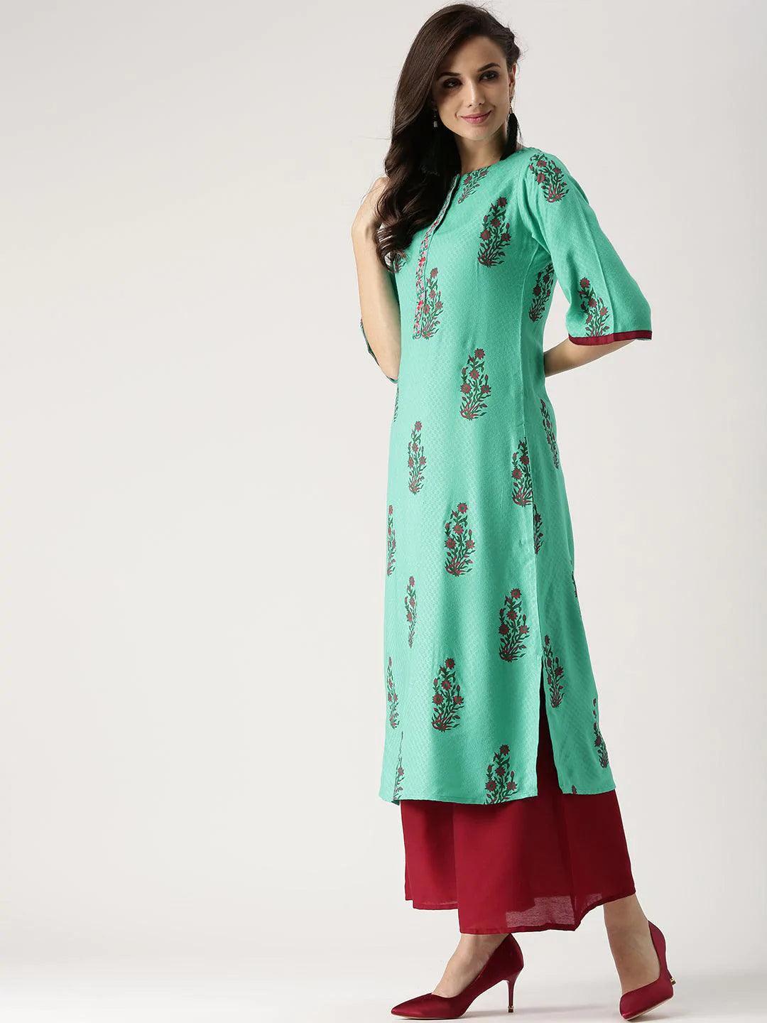 Green Printed Rayon Kurta - ShopLibas