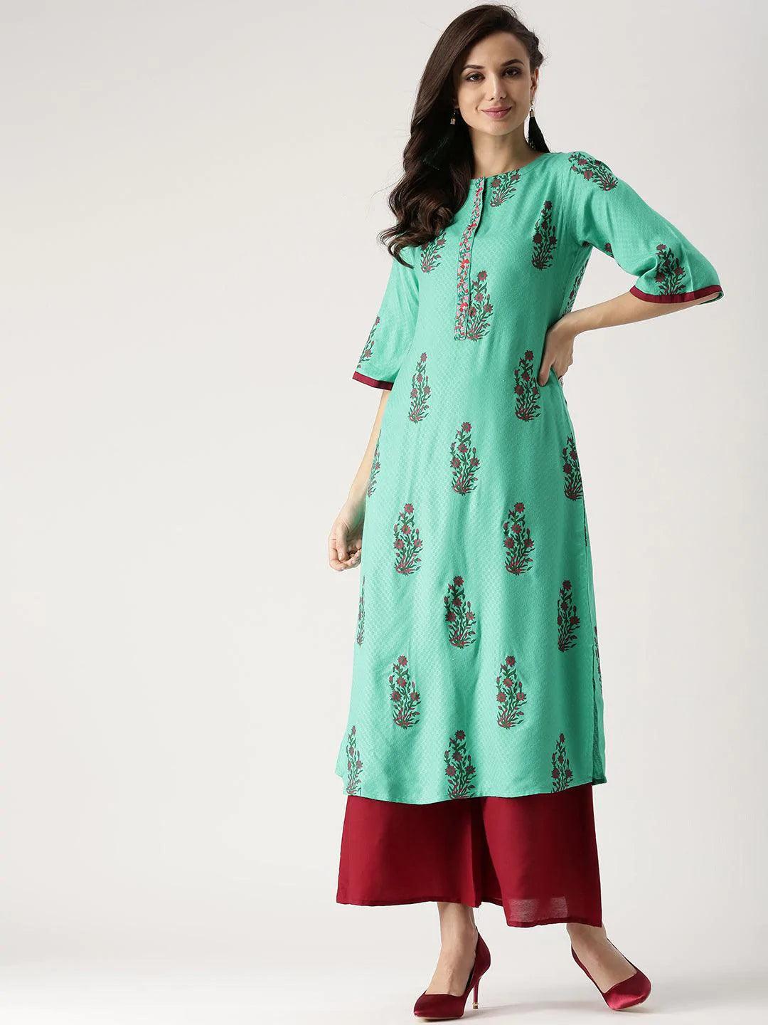 Green Printed Rayon Kurta - ShopLibas 