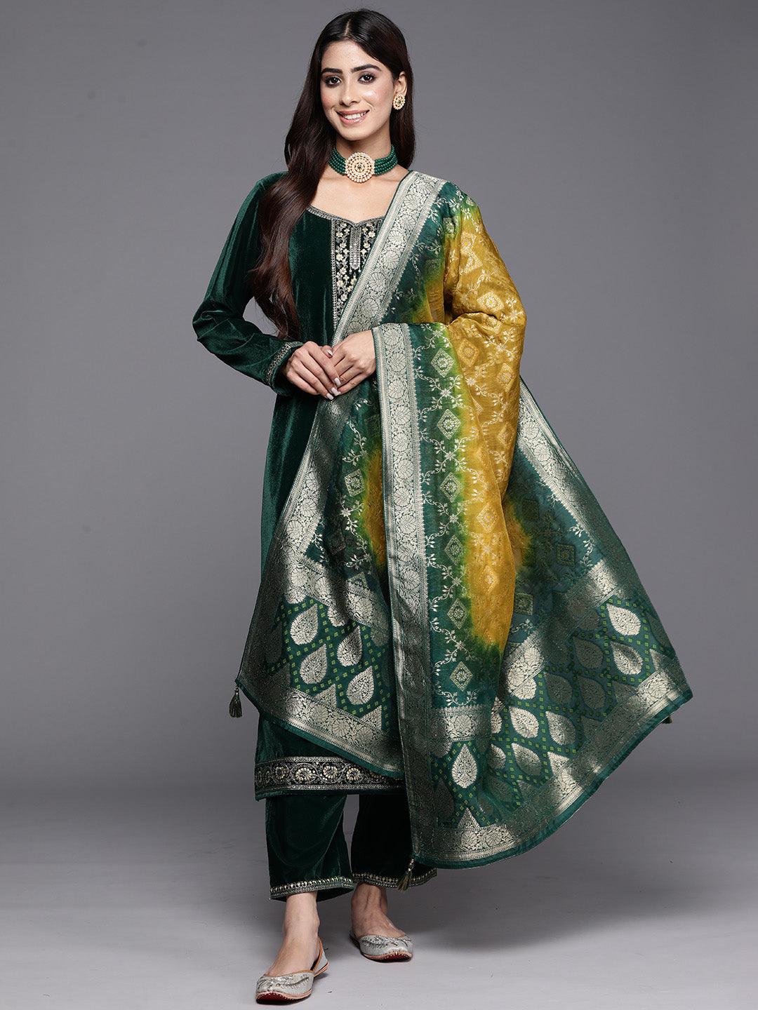 Bottle Green Yoke Design Velvet Straight Kurta With Trousers & Dupatta - ShopLibas 