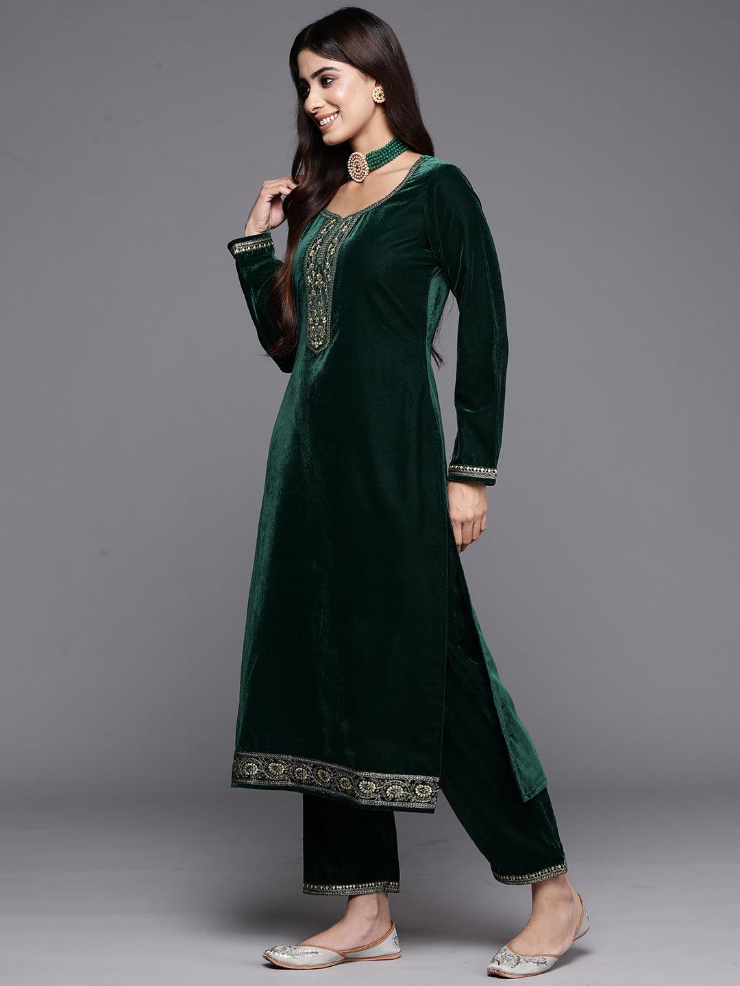 Bottle Green Yoke Design Velvet Straight Kurta With Trousers & Dupatta - ShopLibas 