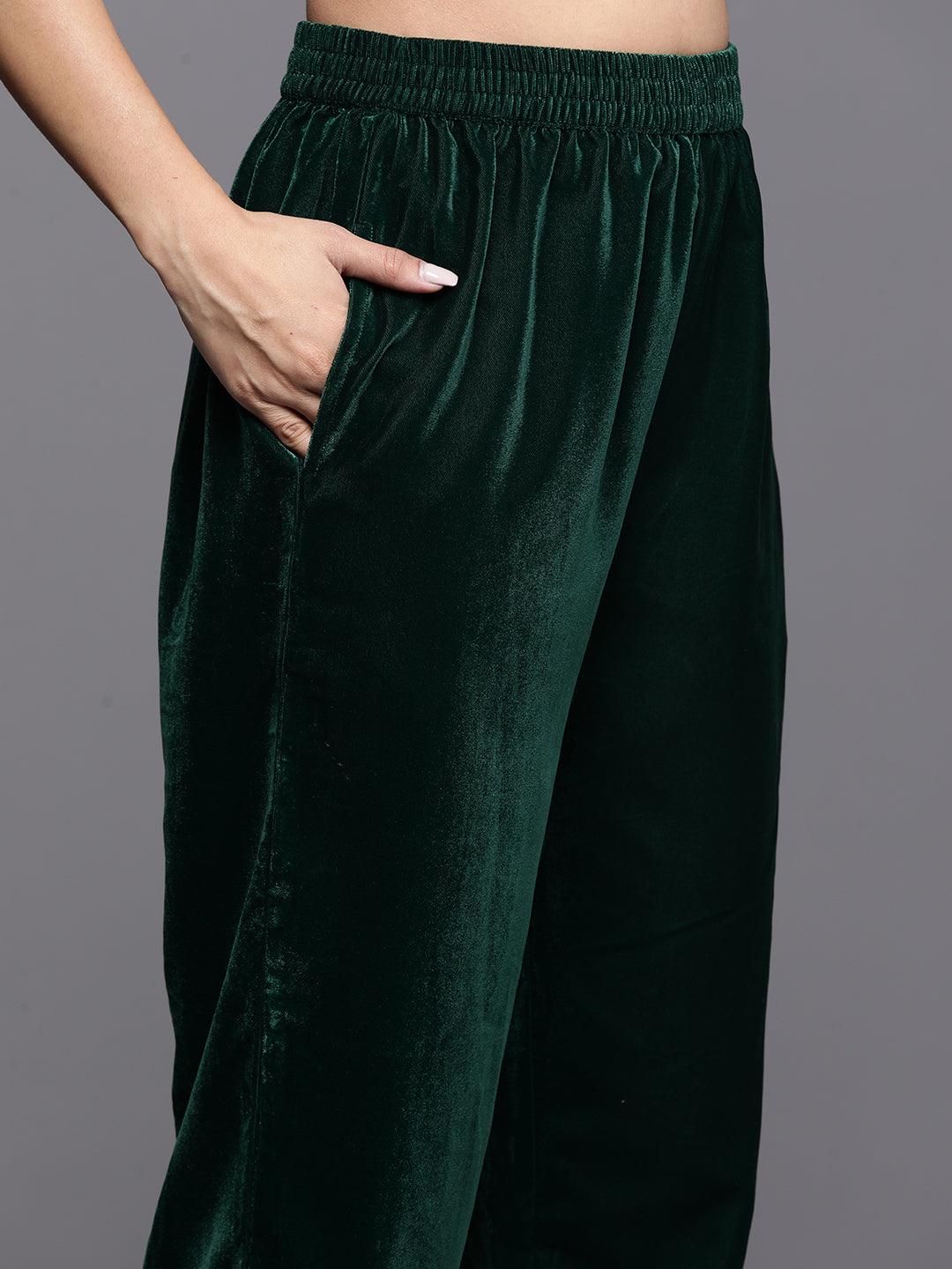 Bottle Green Yoke Design Velvet Straight Kurta With Trousers & Dupatta - ShopLibas 
