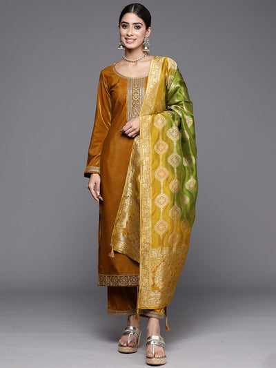 Mustard Printed Velvet Straight Kurta With Dupatta
