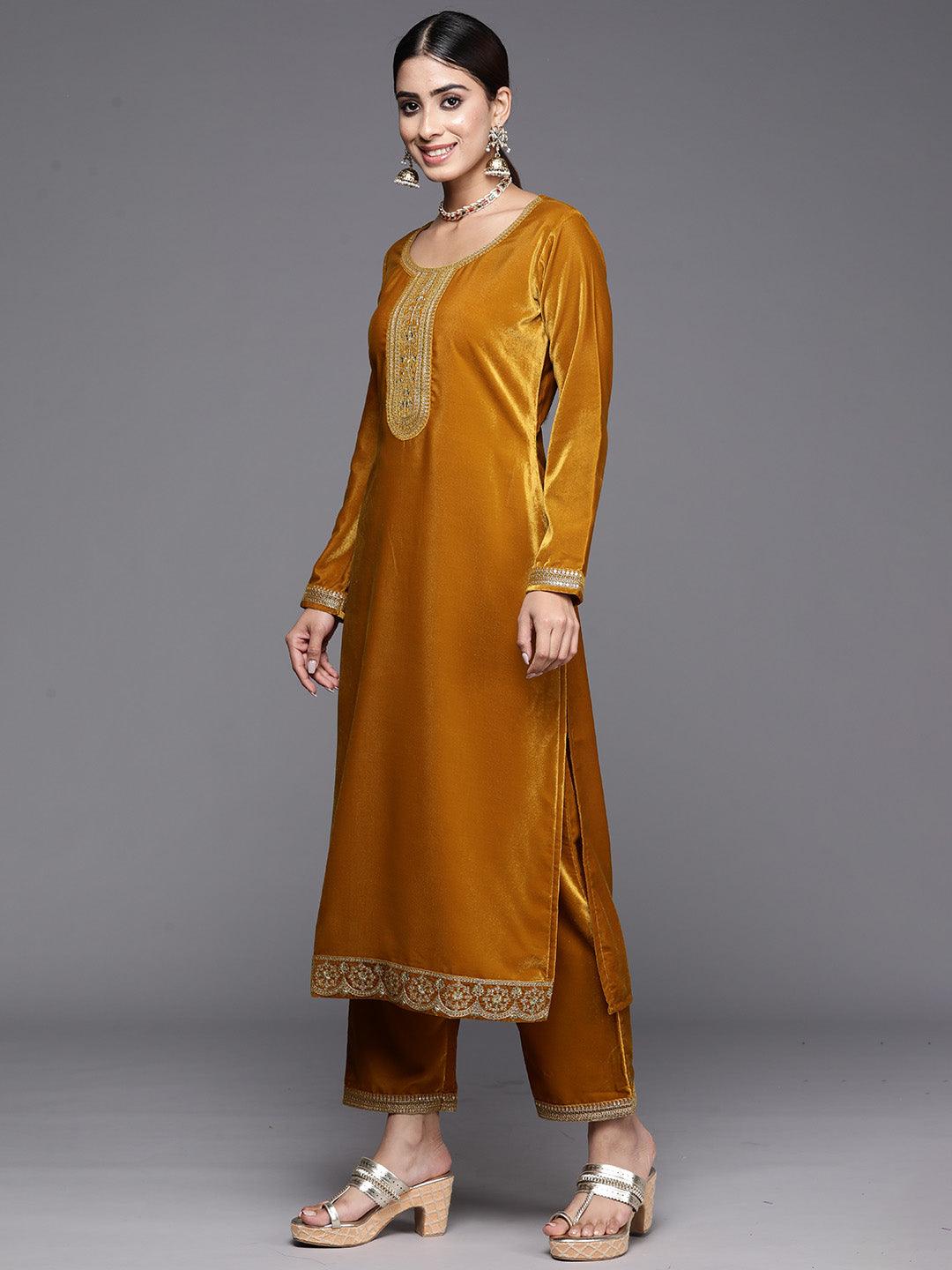 Mustard Yoke Design Velvet Straight Kurta With Trousers & Dupatta - ShopLibas 