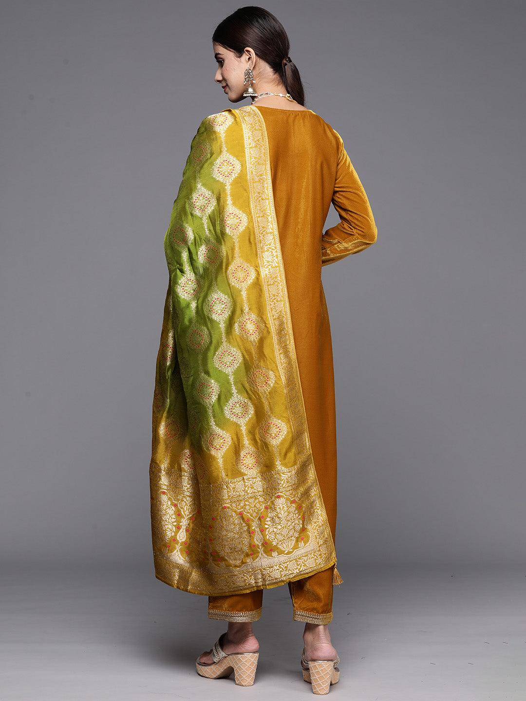 Mustard Yoke Design Velvet Straight Kurta With Trousers & Dupatta - ShopLibas 