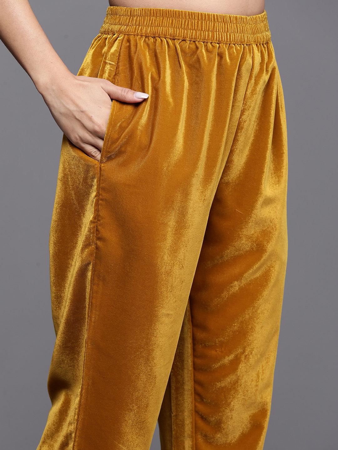 Mustard Yoke Design Velvet Straight Kurta With Trousers & Dupatta - ShopLibas