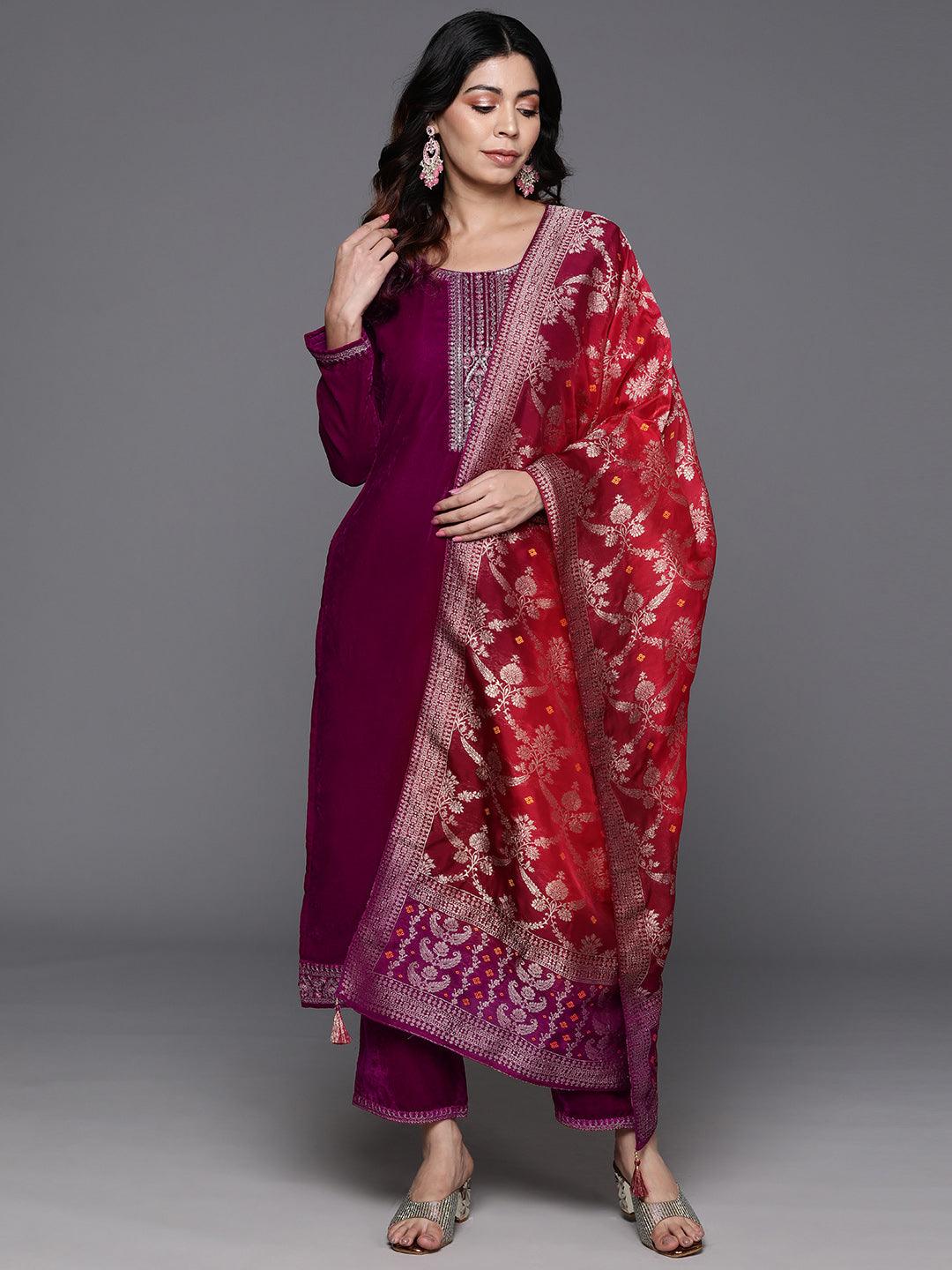 Fuchsia Yoke Design Velvet Straight Kurta With Trousers & Dupatta - ShopLibas 