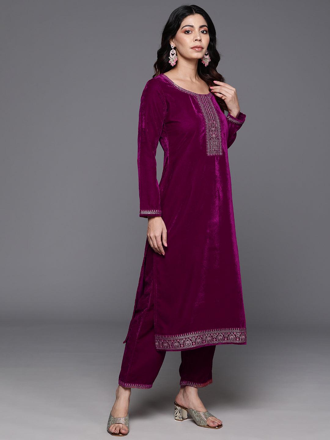 Fuchsia Yoke Design Velvet Straight Kurta With Trousers & Dupatta - ShopLibas 