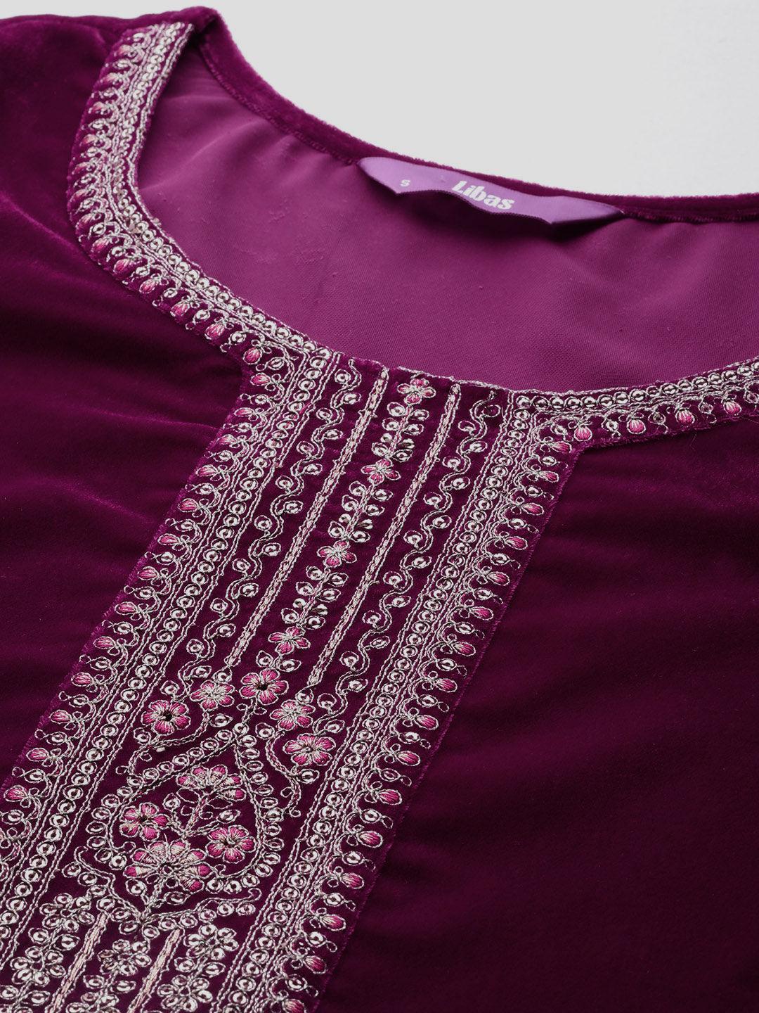 Fuchsia Yoke Design Velvet Straight Kurta With Trousers & Dupatta - ShopLibas 