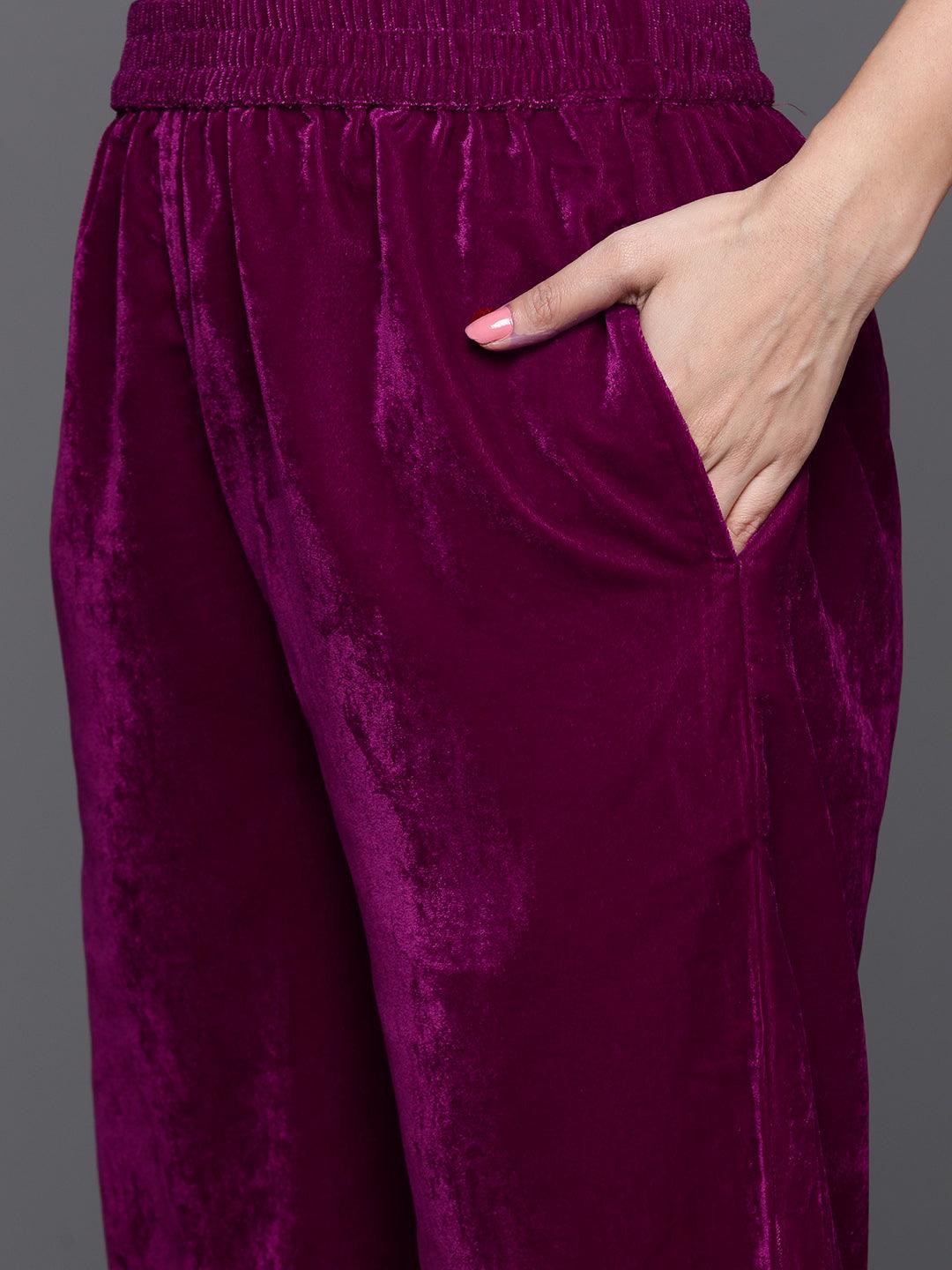 Fuchsia Yoke Design Velvet Straight Kurta With Trousers & Dupatta - ShopLibas 