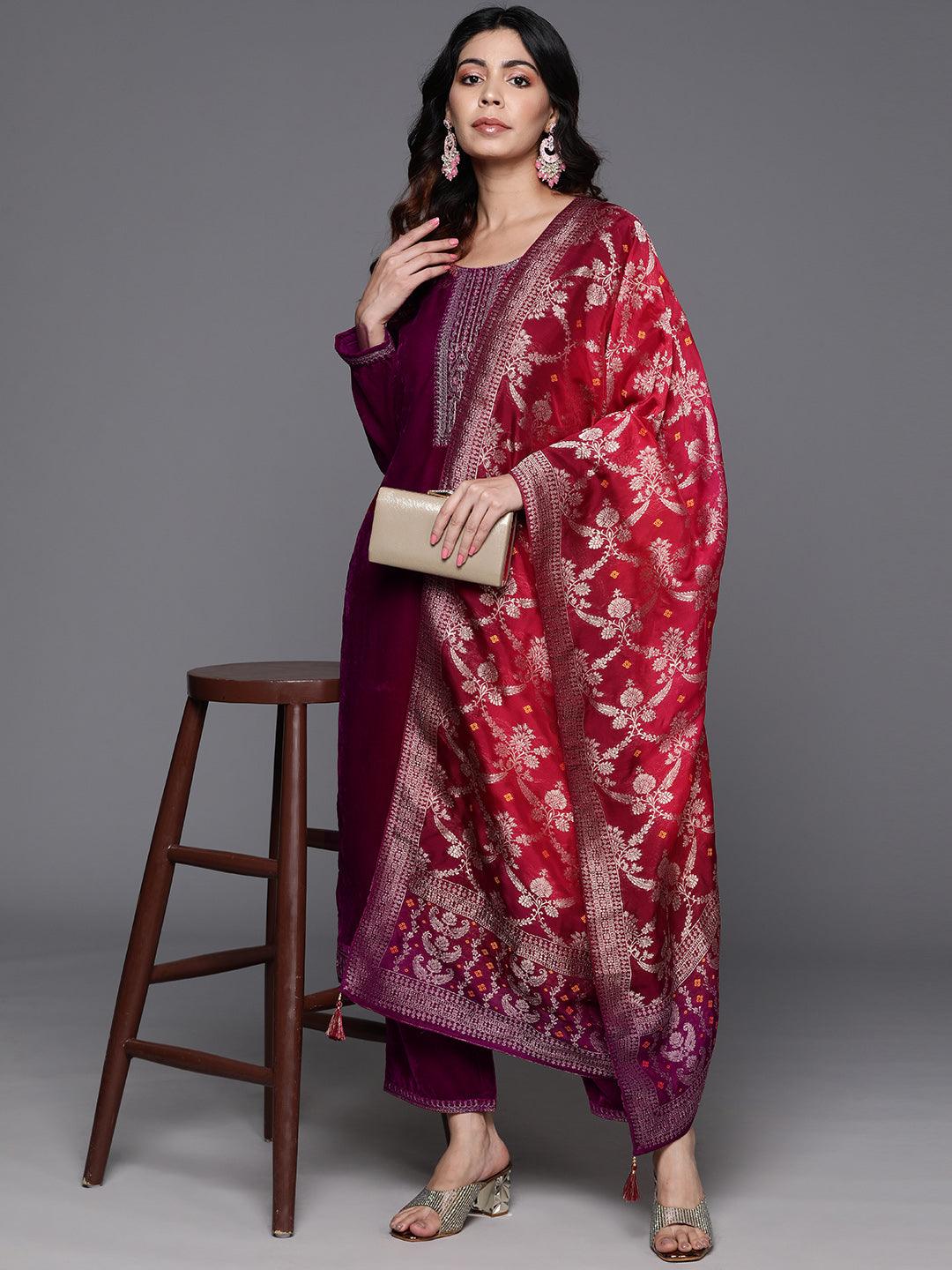 Fuchsia Yoke Design Velvet Straight Kurta With Trousers & Dupatta - ShopLibas 