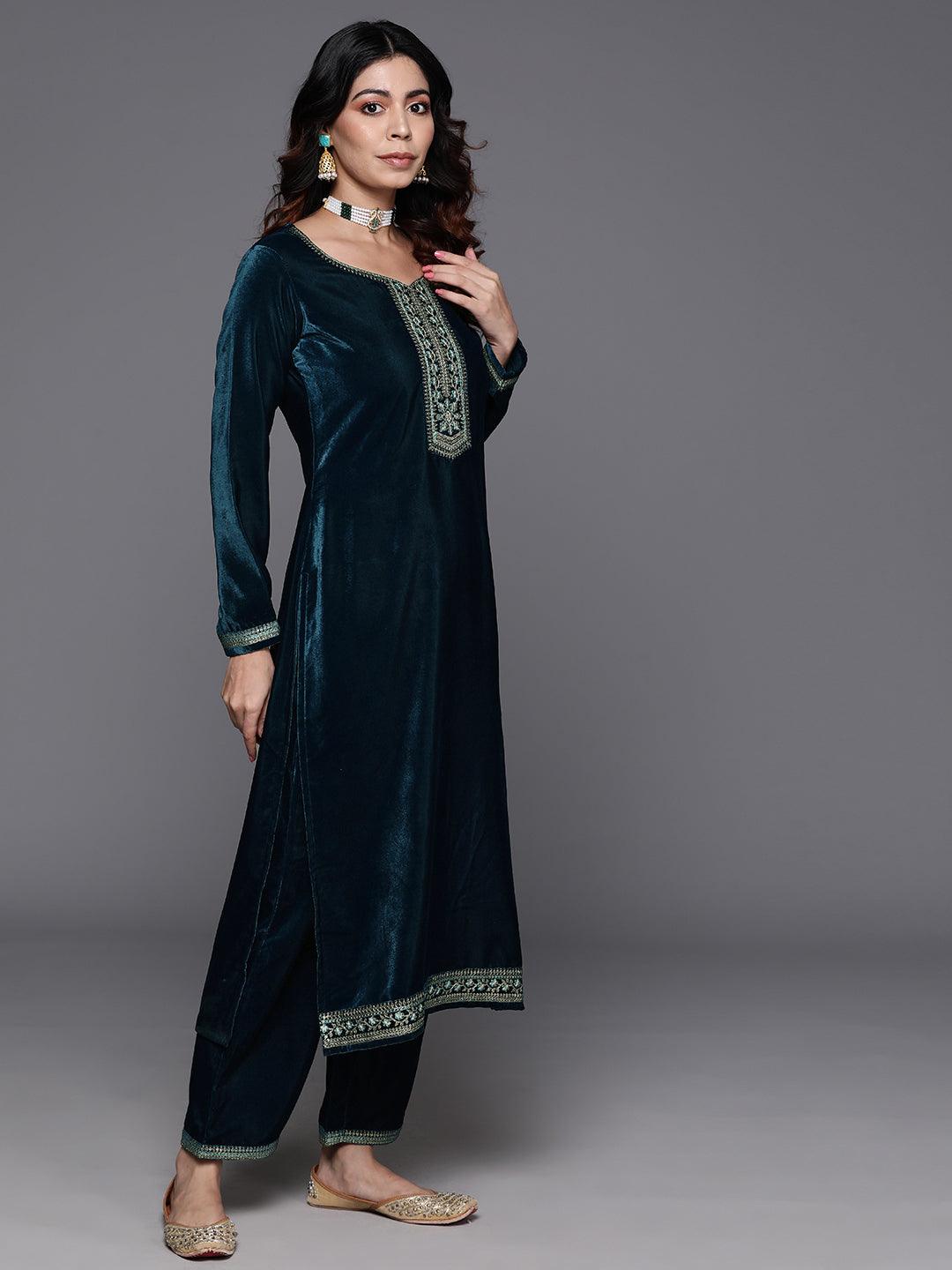 Teal Yoke Design Velvet Straight Kurta With Trousers & Dupatta - ShopLibas 