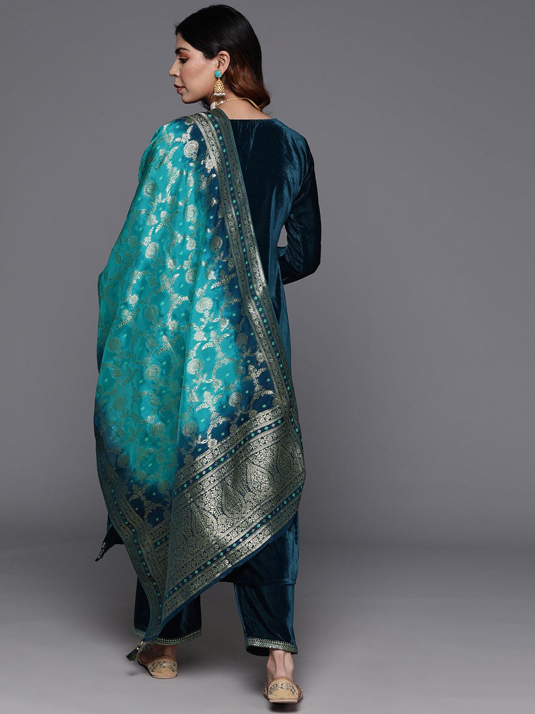Teal Yoke Design Velvet Straight Kurta With Trousers & Dupatta - ShopLibas 