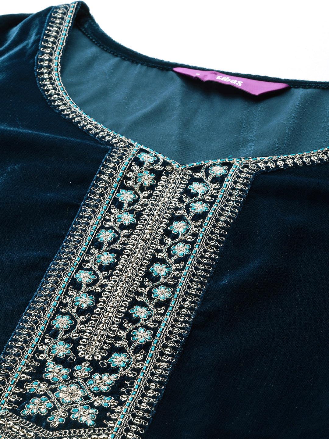Teal Yoke Design Velvet Straight Kurta With Trousers & Dupatta - ShopLibas 