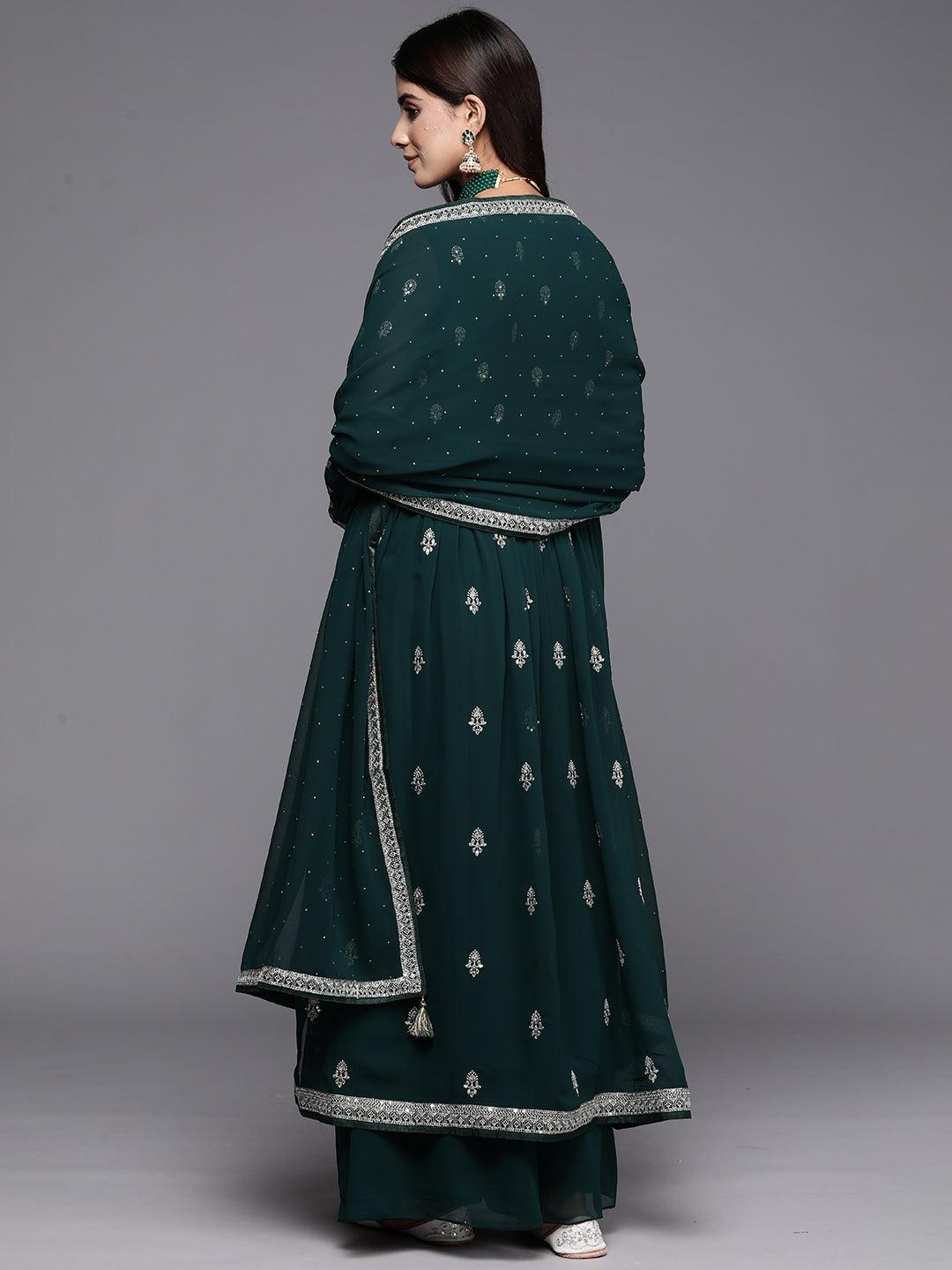 Bottle Green Embroidered Georgette A-Line Kurta With Palazzos & Dupatta - ShopLibas 