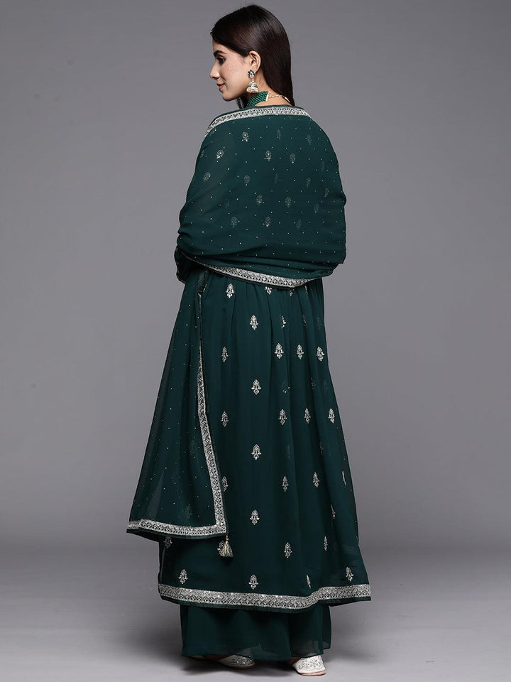Bottle Green Embroidered Georgette A-Line Kurta With Palazzos & Dupatta