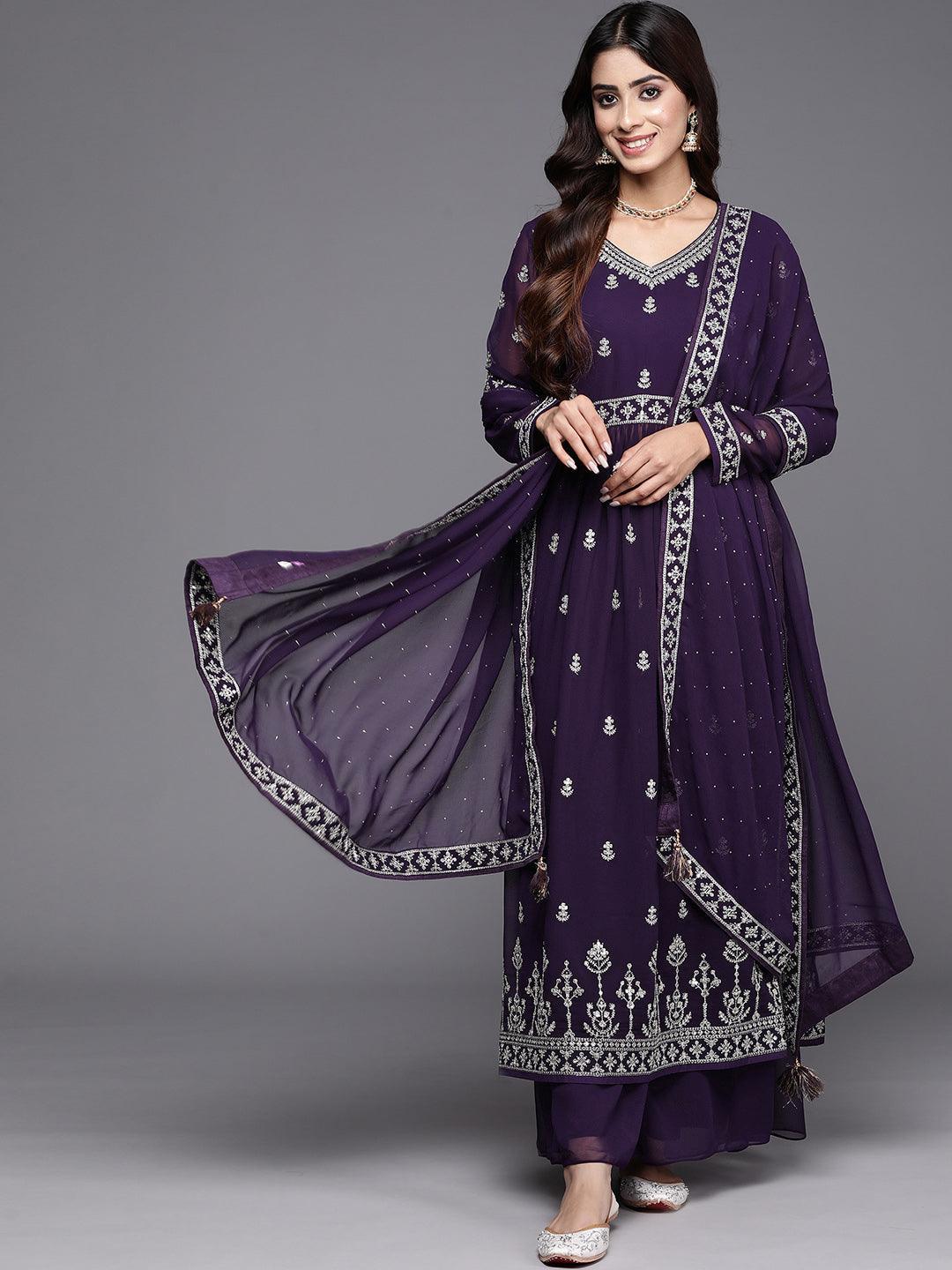 Purple Embroidered Georgette A-Line Kurta With Palazzos & Dupatta - ShopLibas 